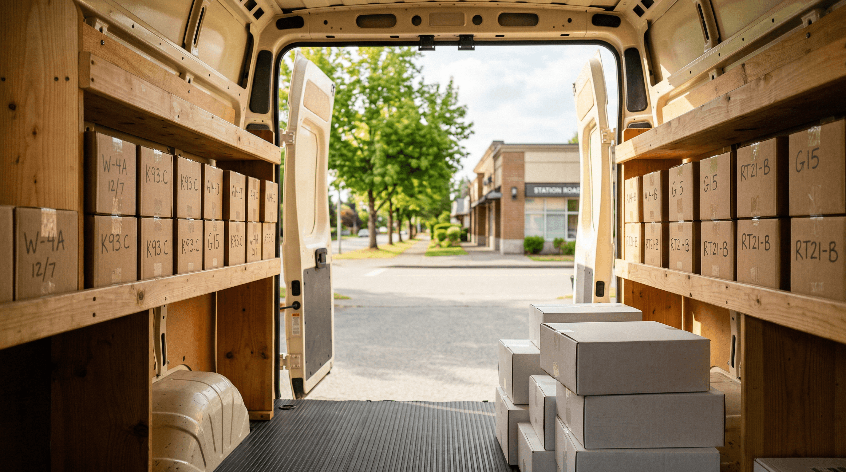 Supply Link delivery van with organized parts boxes