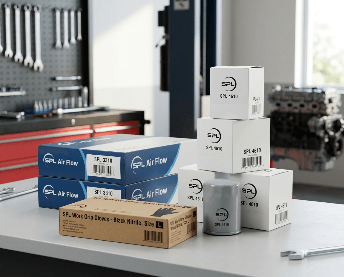 SPL air flow filters, oil filters, and work gloves